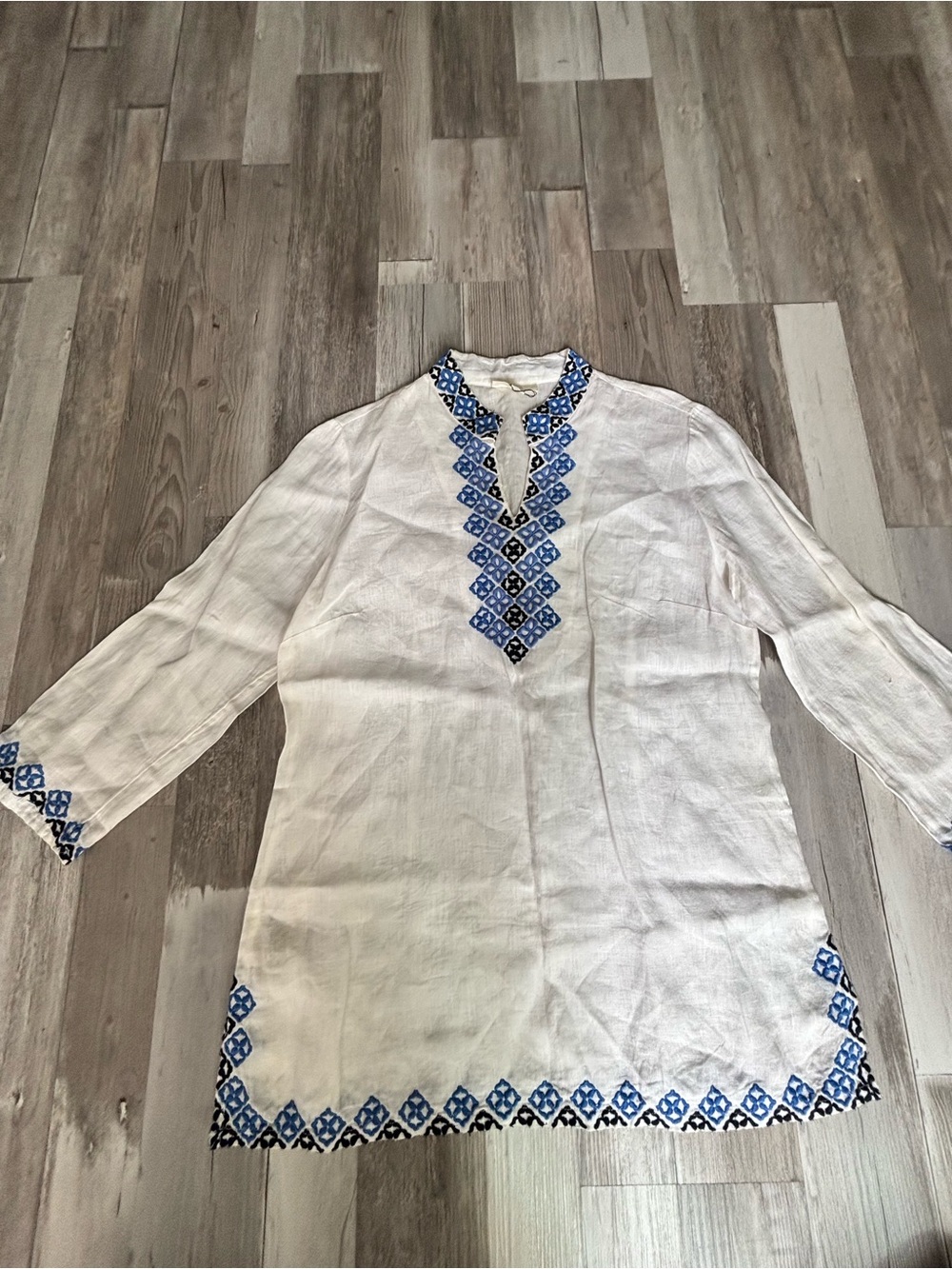 Charter Club White Linen Tunic with Blue Embroidery